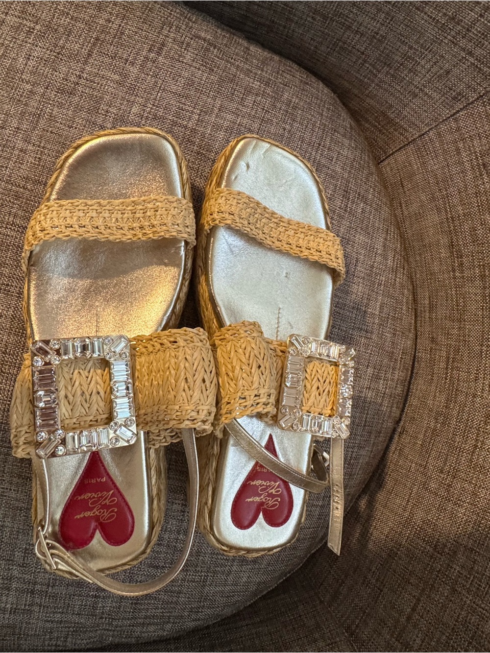 Roger Vivier Beige Woven Raffia Platform Sandals with Rhinestone Buckle - Picture 4 of 10